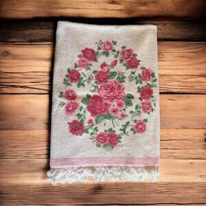 Vintage Fashion Manor Bath Towel Pink Roses Cotton Fringed 1970s Retro Floral